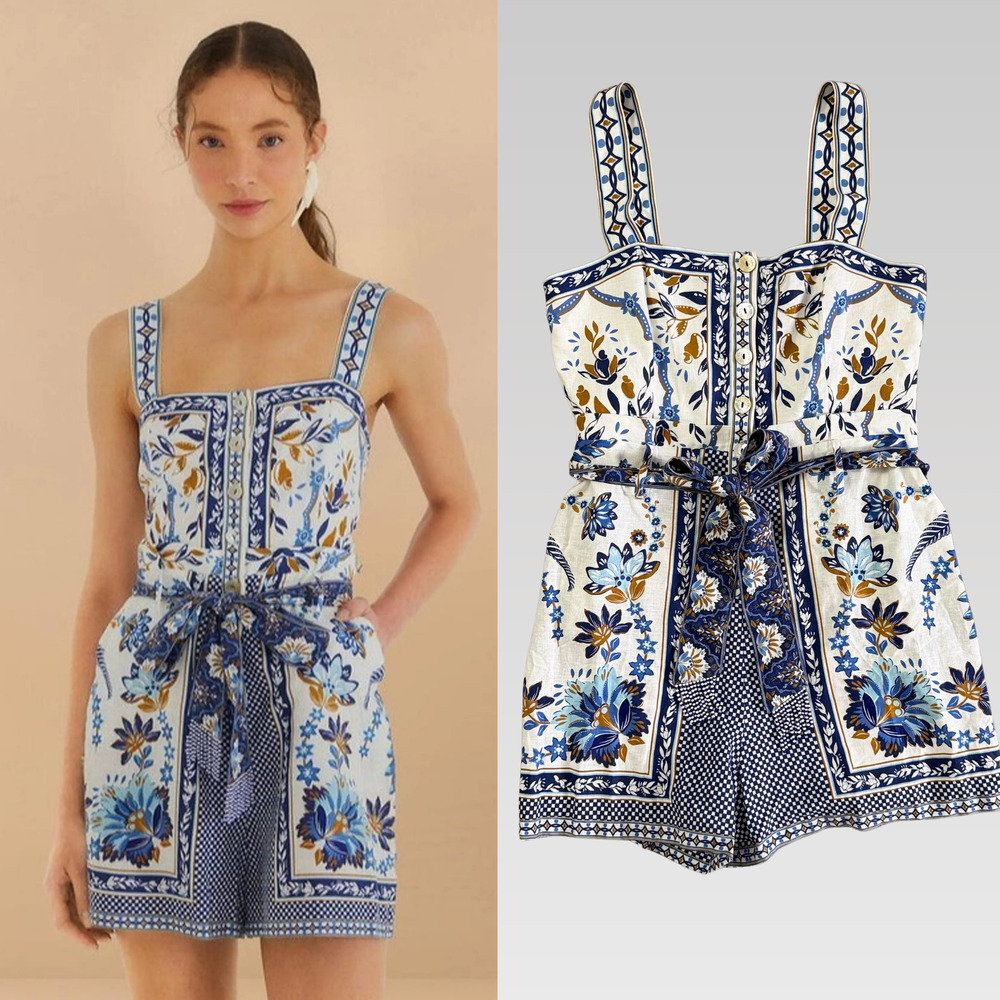 NWT FARM RIO Ana Tapestry Romper size Medium Off White Blue Floral Print